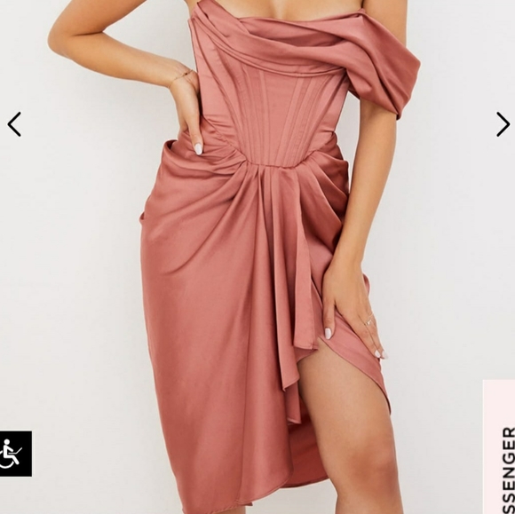 Rouge Satin One Shoulder Draped Bella Barnett Dress - Picture 3 of 8